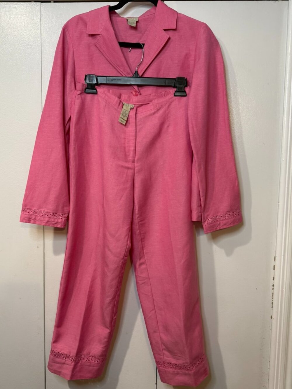 Sigrid Olsen Pink Linen Blend 2-Piece Pantsuit Set Women's Jacket & Crop Pants